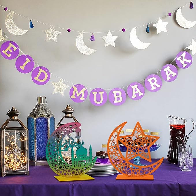 HOWAF 2 Sets Eid Mubarak Wooden Ornament Ramadan Kareem Hollow Decoration Moon Star Hanging Pendant Happy Eid Wood Tabletop Decor for Home Ramadan Mubarak Eid Decorations