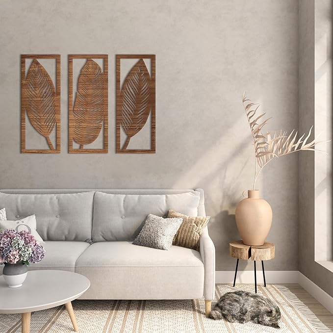 Home Gallery Leaf Wooden Wall Décor - Set of 3 Each 80x30 cm Brown