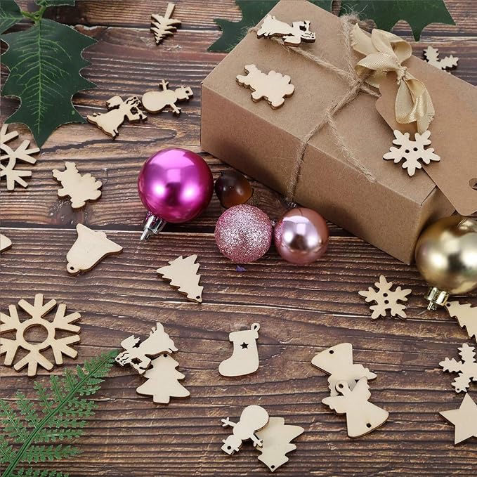 HESTYA 150 Pieces Wooden Ornaments Mini Christmas Theme Natural Wood Slices Decorative Wooden Cutout Slices for Christmas Tree Ornaments Hanging DIY Craft Xmas Decorations