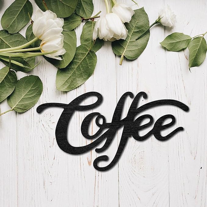 CREATCABIN Wood Cutout Coffee Sign Laser Cut Wooden Wall Decor Sculpture Hanging Decor Wall Art Decoration for Home Gallery Office Front Door Black 9" x 4.7"