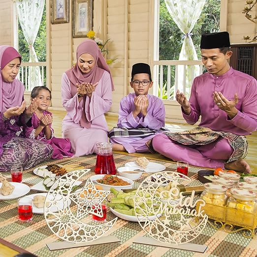 2 Pieces Wood Eid Mubarak Decorations Ramadan Kareem Table Sign Moon Hollow Star Ornament for Muslim Islamic Party Tabletop Decor Home Art Craft Decoration White Moon