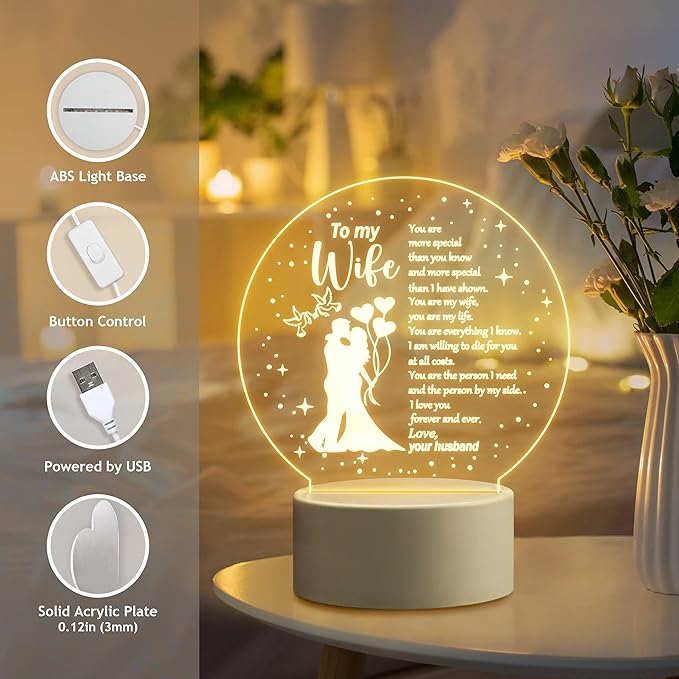Wife Birthday Gifts from Husband, Romantic Gifts for Wife Personalized Night Light Gifts for Her with Love Sayings, Anniversary Wedding Christmas Valentines Gifts for Wife from Husband