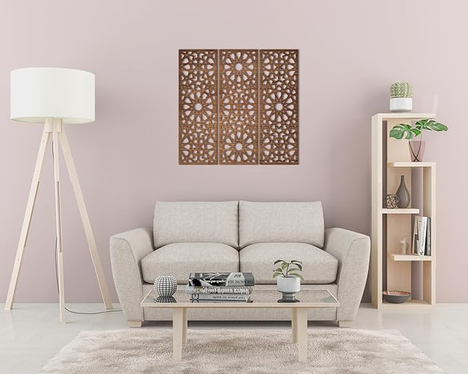 Home gallery Decorative arabesque style wooden wall Art 3 panels 80X80 cm Brown