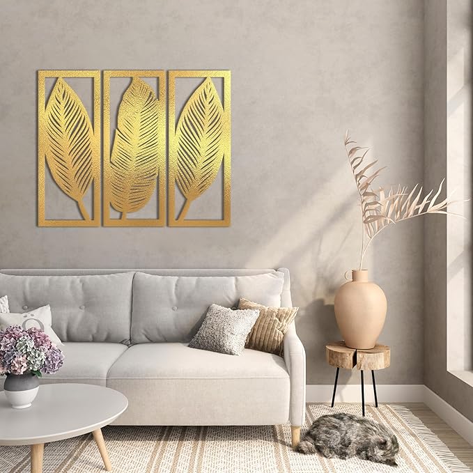 Home Gallery Leaf Wooden Wall Décor - Set of 3 Each 80x30 cm Gold