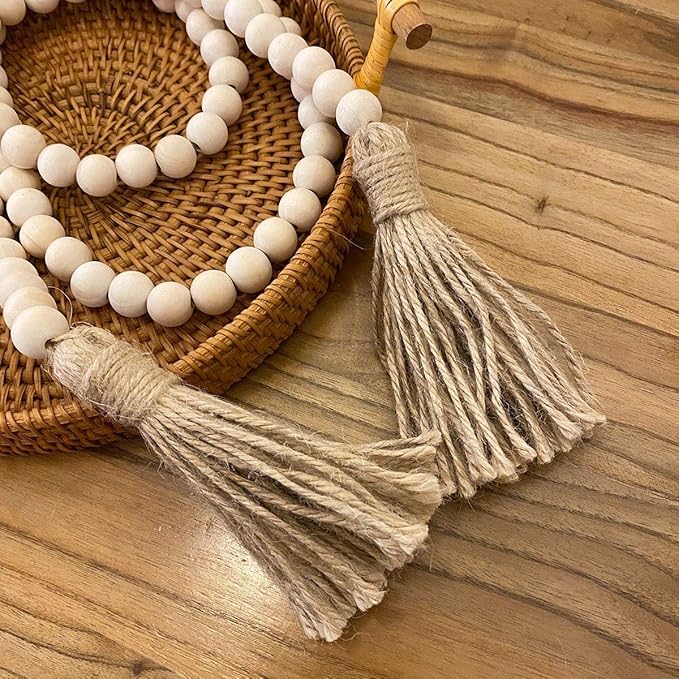 Farmhouse Beads 58in Wood Bead Garland with Tassels Rustic Country Decor Prayer Boho Beads Big Wall Hanging Decor