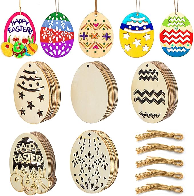 FINROS 50 Pack Easter Egg Wood Slice Ornaments DIY Wooden Egg Shape Crafts Hanging Easter Decorations with Twine for Easter Party Supplies (Egg Cutouts)