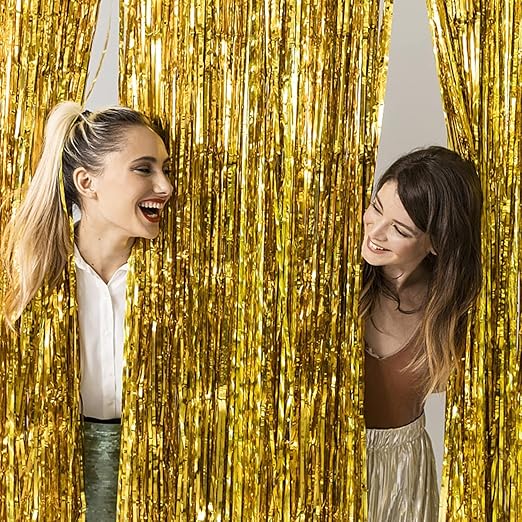 2 Pack Gold Backdrop Birthday Decorations Foil Curtain Backdrop Gold Streamers Dance Party Decorations Photo Booth Props for Bachelorette Decorations Christmas Halloween New Years Eve Party Supplies
