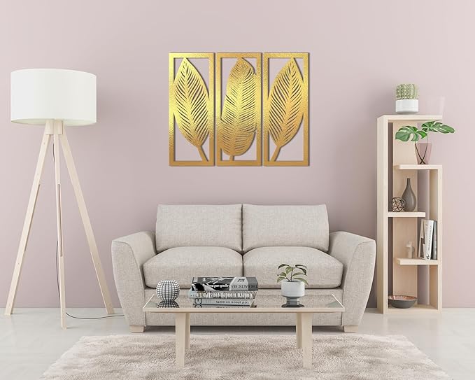 Home Gallery Leaf Wooden Wall Décor - Set of 3 Each 80x30 cm Gold