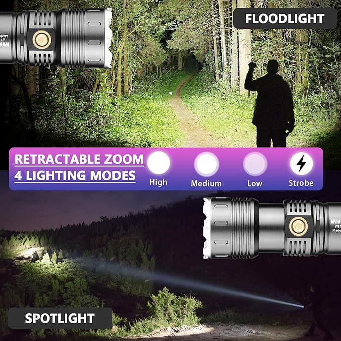 LED Flashlight Rechargeable 200000 High Lumens Waterproof Hiking Torch Light Outdoor Flashlight Strong Light Searchlight Portable Flashlights Focusing