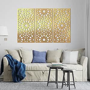 Home gallery Decorative arabesque style wooden wall Art 3 panels 80X130 cm Gold