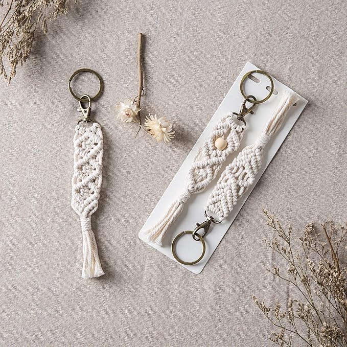 Mkono Mini Macrame Keychains Boho Macrame Bag Charms with Tassels Cute Handcrafted Accessories for Car Key Purse Phone Wallet Unique Gift Party Supplies, Natural White, 3 Pack
