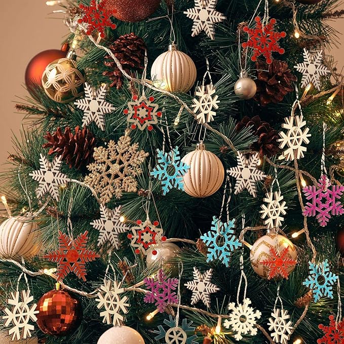 100 Pieces Christmas Wooden Ornaments Round Wood Slices Wood Snowflake Angel Star Shaped Christmas Tree Hanging Embellishments with 100 Pieces Cords (Snowflake)