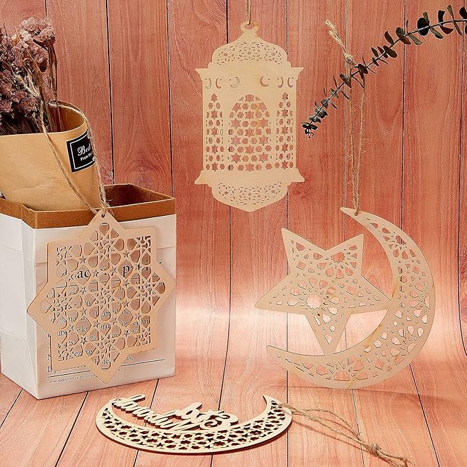 Queekay 9 Pieces Wooden Pendant Ornament Ramadan Kareem Hollow Decoration Moon Star Wind Light Shape Pendant Ornament Rustic Happy Eid Hanging Sign for Ramadan Mubarak Eid Party Decorations