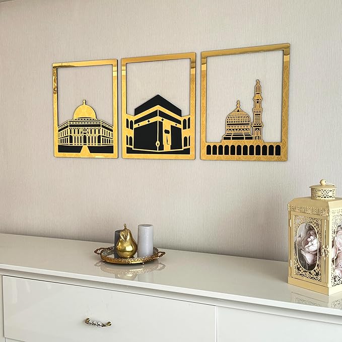 iwa concept Masjid Al Aqsa, Masjid Al-Haram & Masjid An-Nabawi Islamic Wall Art | Wooden Acrylic Kaaba Wall Decor | Ramadan Decoration | Muslim Gift | (Medium, Gold | All Three)