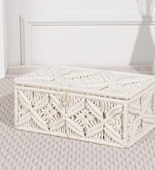 ANMINY Macrame Storage Basket with Lid Organza Gift Bags Bohemian Jewelry Box Handmade Woven Natural Cotton Rope Lidded Bin Decorative Desktop Makeup Organizer Countertop Tank Shelf Cabinet Container