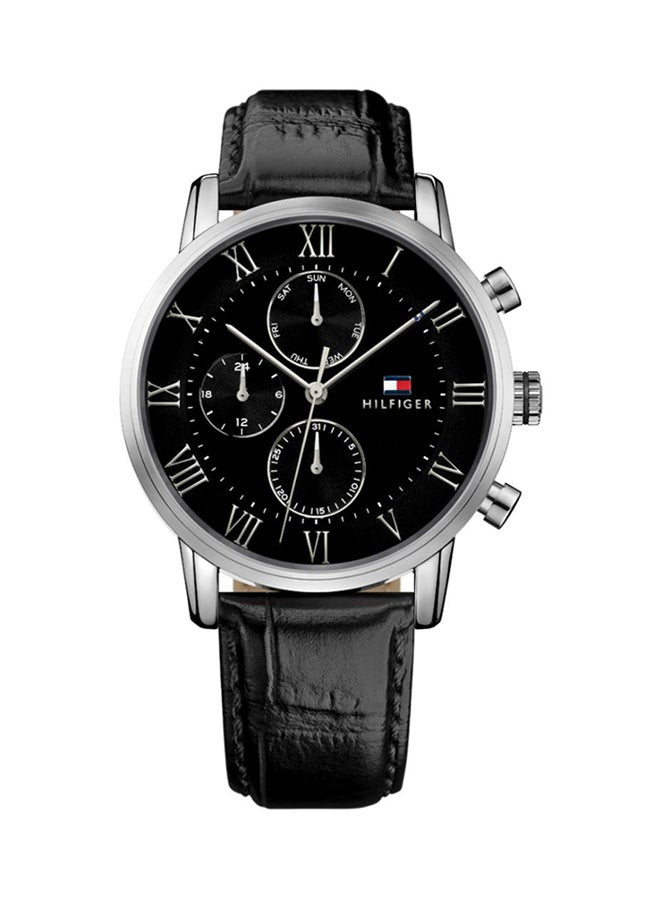 TOMMY HILFIGER Men's Kane Round Shape Leather Band Analog Wrist Watch 44 mm - Black - 1791401
