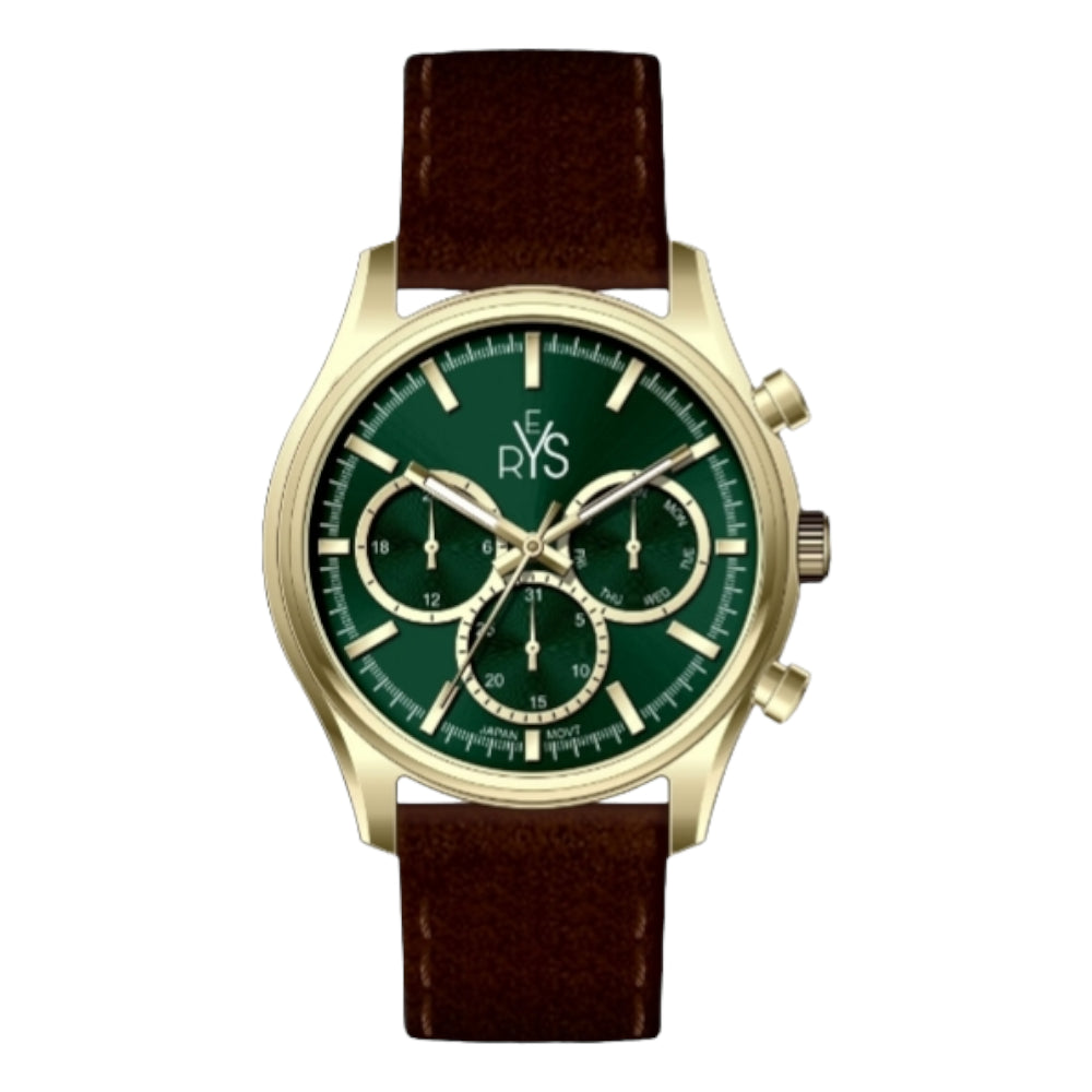 REYS WATCH WATCH-MEN-LEATHER-GOLD AND GREEN R2031-LGGN
