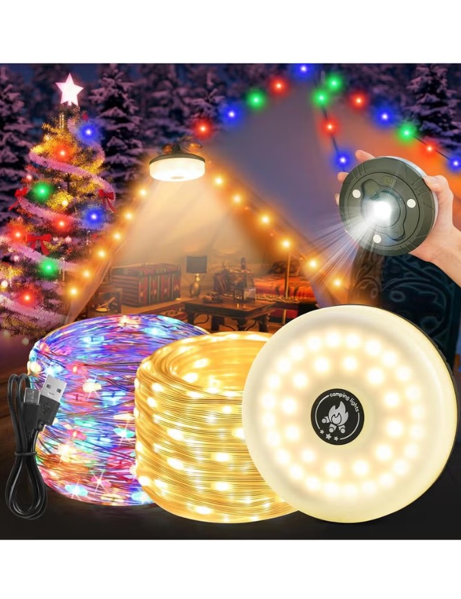 2 in 1 Rechargeable Camping Light String, 2000mAh Outdoor Waterproof Portable and Storable with 5 Modes 10m Length, Retractable LED String Lights for Tent