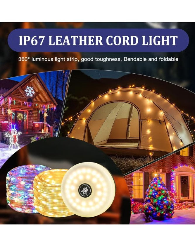 2 in 1 Rechargeable Camping Light String, 2000mAh Outdoor Waterproof Portable and Storable with 5 Modes 10m Length, Retractable LED String Lights for Tent