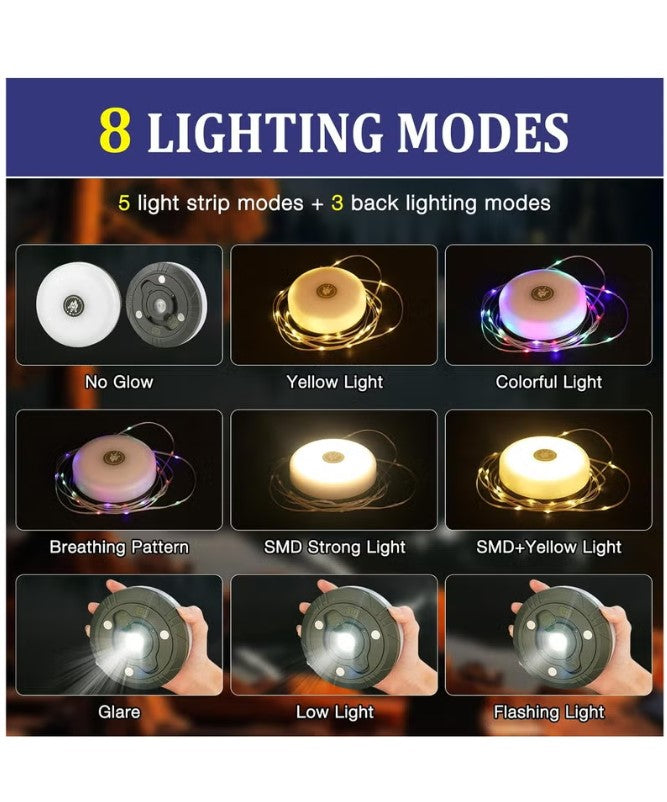 2 in 1 Rechargeable Camping Light String, 2000mAh Outdoor Waterproof Portable and Storable with 5 Modes 10m Length, Retractable LED String Lights for Tent