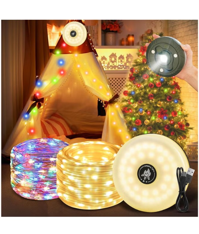 2 in 1 Rechargeable Camping Light String, 2000mAh Outdoor Waterproof Portable and Storable with 5 Modes 10m Length, Retractable LED String Lights for Tent