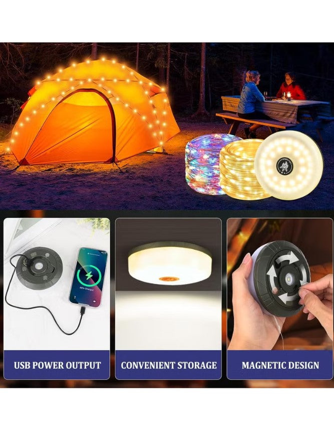 2 in 1 Rechargeable Camping Light String, 2000mAh Outdoor Waterproof Portable and Storable with 5 Modes 10m Length, Retractable LED String Lights for Tent