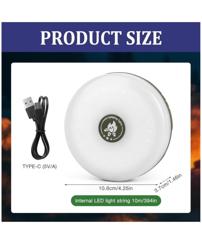 2 in 1 Rechargeable Camping Light String, 2000mAh Outdoor Waterproof Portable and Storable with 5 Modes 10m Length, Retractable LED String Lights for Tent