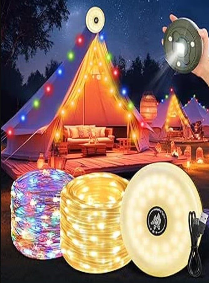Mini Up 2-in-1 Rechargeable Camping Lights String, 33 Feet Waterproof and Storable Outdoor Lights with 5 Modes 2000mAh, Retractable LED Lights for Tent and Camping, Colorful Fairy Lights