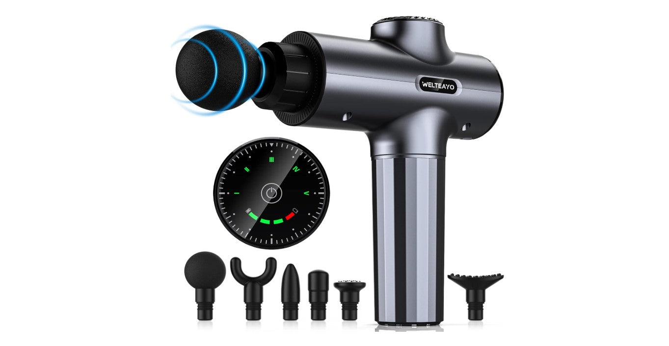 Massage Gun,WELTEAYO Muscle Gun Deep Tissue,Quiet Professional Handheld Massager,with Type-C Charging,Portable Fascial with 6 Heads for Pain Relief