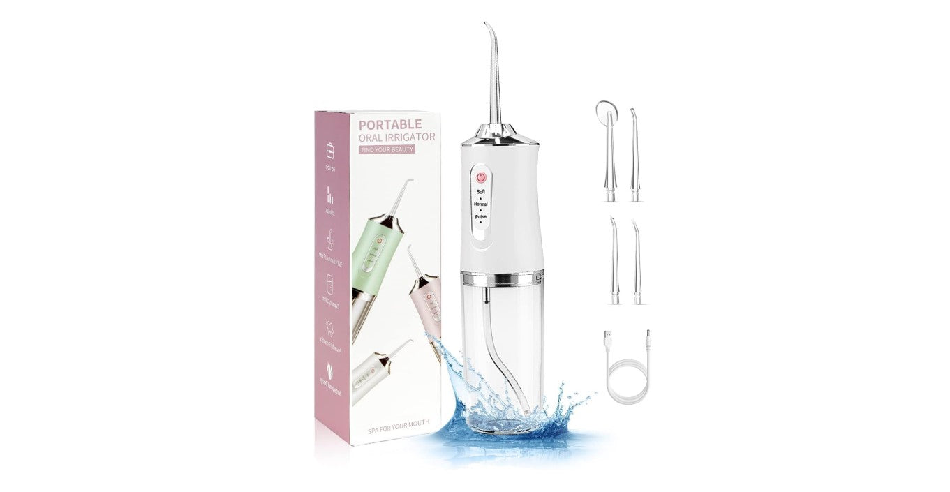 Wireless Oral Irrigator, Cordless Water Dental Floss for Teeth with 3 Modes & 4 Replacement Nozzles, Interdental Cleaner Rechargeable with Removable 230 ml Water Tank for Home, Travel, Shower (White)