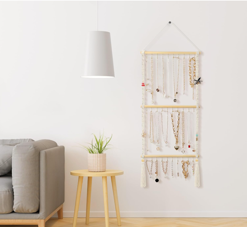 Hanging Jewelry Organizer Macrame Necklace Holder, with 30 Hooks