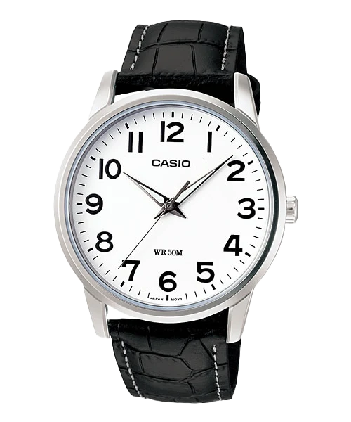 Casio Men's Watch Analog Round Dial Black Leather Strap Silver Frame MTP-1303L-7BVDF