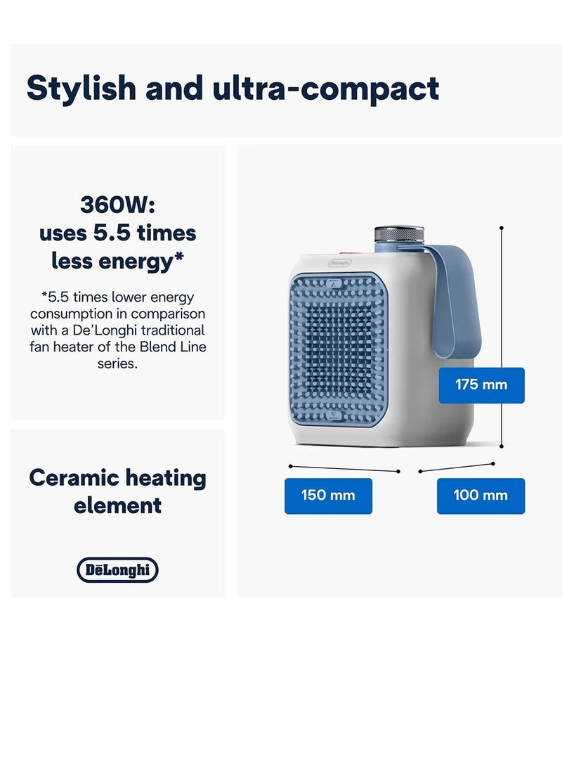 De'Longhi Capsule Desk HFX10B03.LB Ceramic Fan Heater, Quiet Mini Quick Heater, Adjustable Grid, Safety Thermostat, Ideal for Desk and Travel, 360 Watt, Light Blue