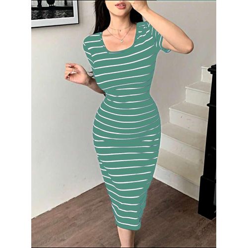 Martina Store Women's Dress Made Of Ribbed Cotton - Mint Green And White