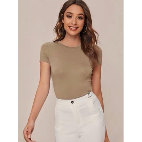 Martina Store Basic Round Neck Half Sleeves - Beige