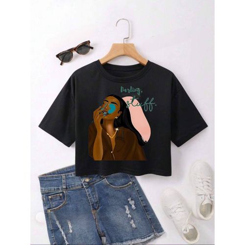 Martina Store Short Printed T-shirt For Women Cotton - Black