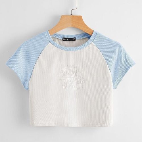 Martina Store Women's T-shirt Made Of Ribbed Cotton - White & Baby Blue