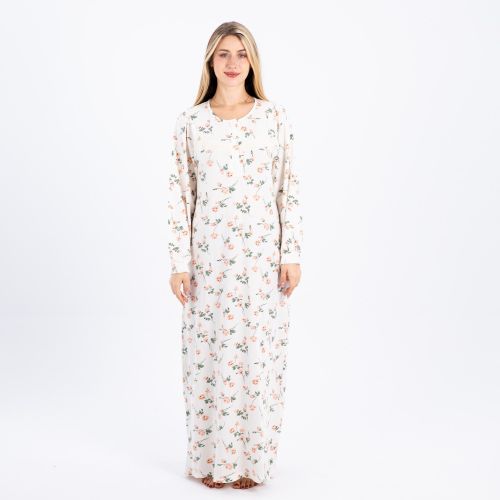Zecotex "Summer Maxi Abaya / White Viscose Long Nightgown With Floral Print & Long Sleeves / Elegant & Lightweight Dress / Ultimate Comfort Women's Homewear"