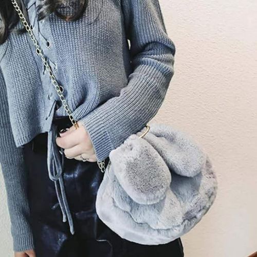 Very Chic Velvet Bag, Trendy, Rabbit Ear, Gray  Color