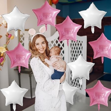 "White and Pink Star Balloons Set – 12 Pieces Practical and Easy to Inflate for Event and Party Decorations"