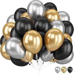 "Elegant Metallic Balloon Bouquet - Mix of Gold, Black, and Silver - Luxury Decoration for Events and Parties"