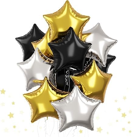 "Gold and Black Silver Star Balloon Set – 12 Pieces Practical and Easy to Inflate Event and Party Decorations"