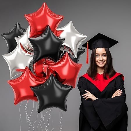 Silver Red Black Star Balloons Set - 12 Pieces - Modern Design Easy to Inflate for Events and Parties