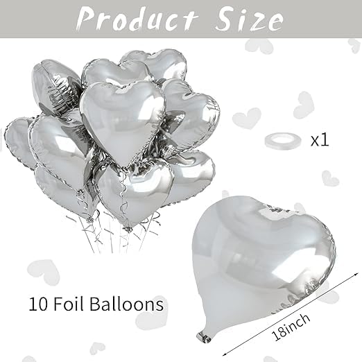 Silver Heart Foil Balloons - 10 Pcs Silver Heart Balloons, 18 Inch Valentines Day Balloons, Love Foil Balloons Helium Balloons for Birthday Decoration, Valentine's Day, Wedding, Baby Shower