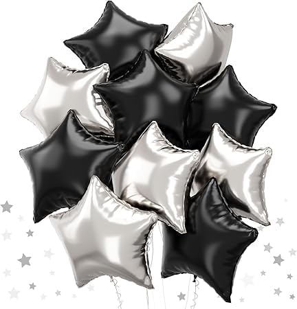 Silver and Black Star Balloons Set - 12 Pieces Easy to Inflate for Wedding Birthday Special Occasion Decoration