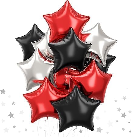Silver Red Black Star Balloons Set - 12 Pieces - Modern Design Easy to Inflate for Events and Parties