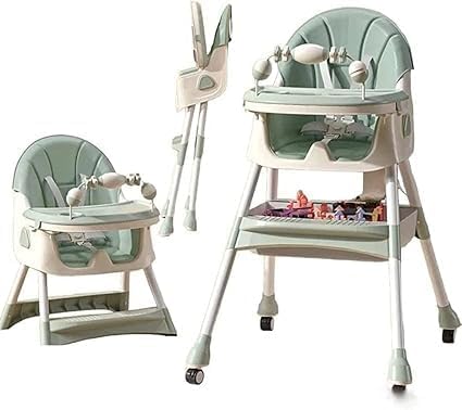 4-In-1 Convertible High Chair With Adjustable Height And Footrest, Toddler Feeding Booster Seat With Tray, Wheels, Seat Belt And Pillow 6 Months To 4 Years (green)