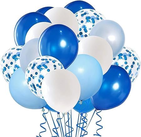 "Party Balloons Set - Blue, White and Clear with Blue Confetti - Perfect for Parties and Birthdays"