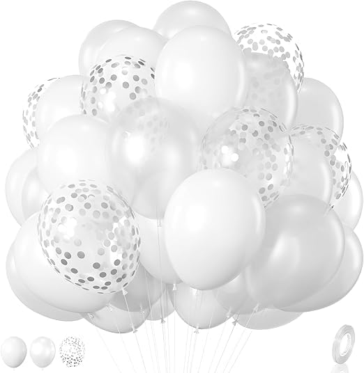 White Balloons Set with Silver Dots – 50 Pcs Clear and Decorative Metallic Silver Balloons – Perfect for Wedding, Engagement, Birthday, Graduation Party
