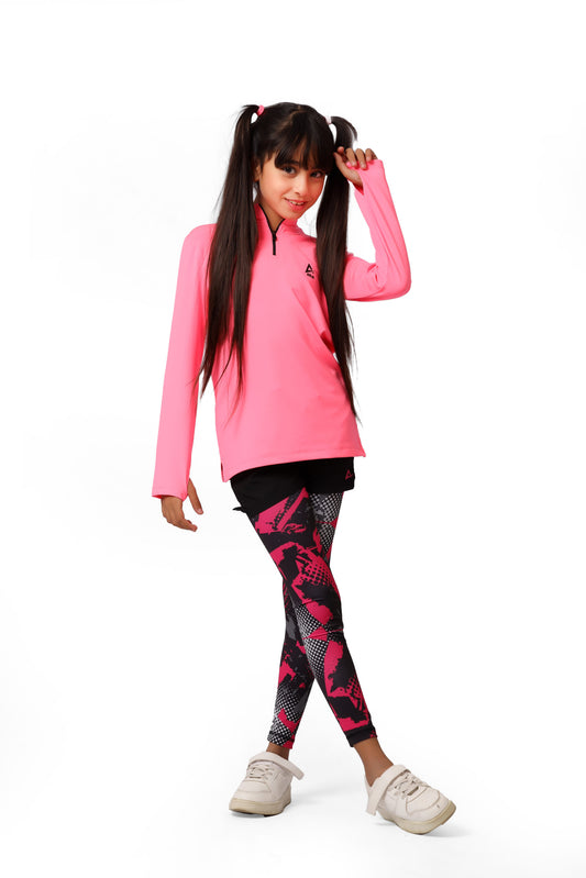 Girls’ Neon Fuchsia Long Sleeve Sports T-Shirt – Dry Fit, Breathable Design